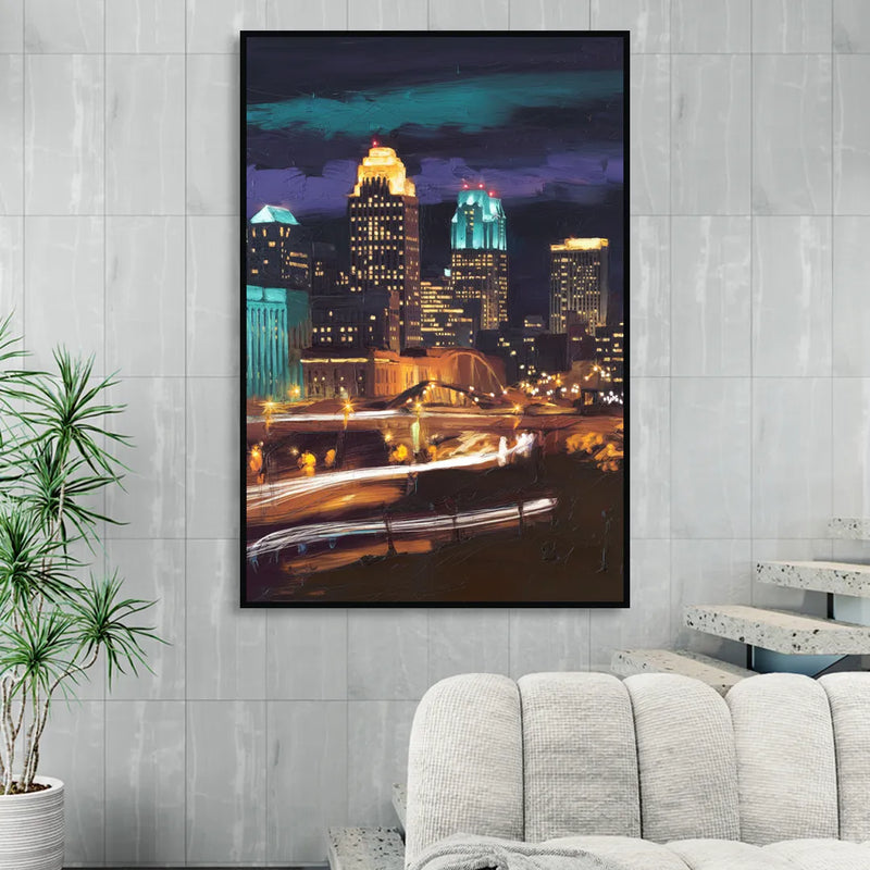 Kansas City Nighttime Skyline Sitting Room - Black Canvas Wall Art