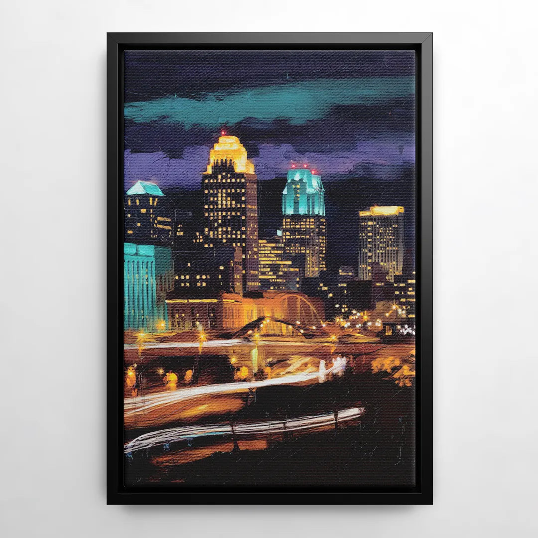 Kansas City Nighttime Skyline - Black Frame Canvas