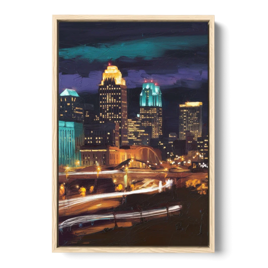 Kansas City Nighttime Skyline - Oak Framed Canvas Wall Art - Front