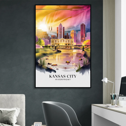 Kansas City Scenic Riverfront Living Room - Black Canvas Wall Art
