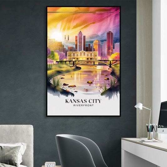 Kansas City Scenic Riverfront Living Room - Black Canvas Wall Art