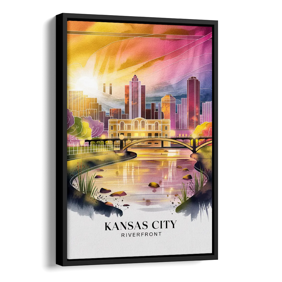 Kansas City Scenic Riverfront Side - Black Canvas Wall Art