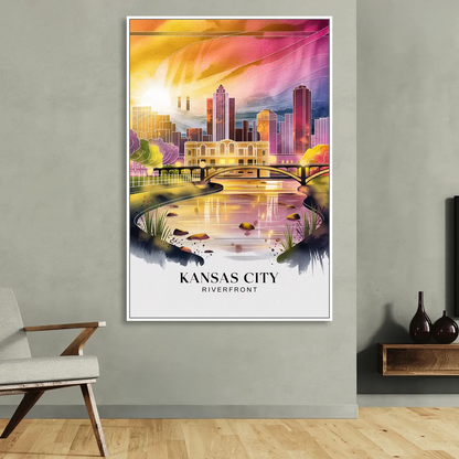 Kansas City Scenic Riverfront Living Room - White Canvas Wall Art