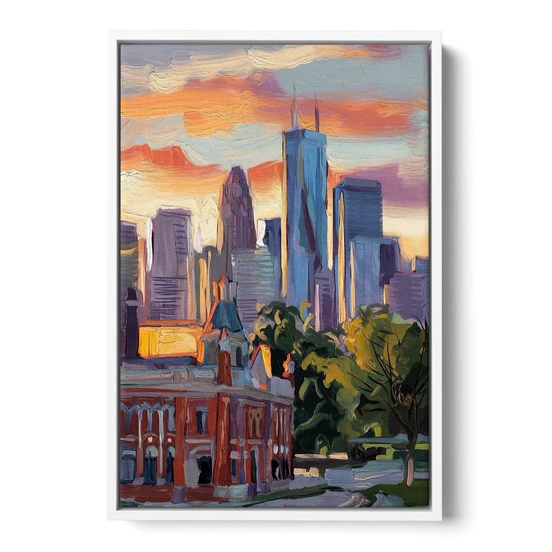 Kansas City Skyline at Sunset Front - White Canvas Wall Art