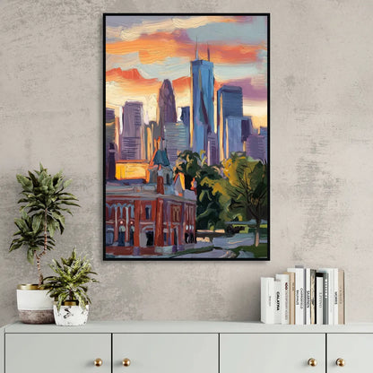 Kansas City Skyline at Sunset Living Room - Black Canvas Wall Art