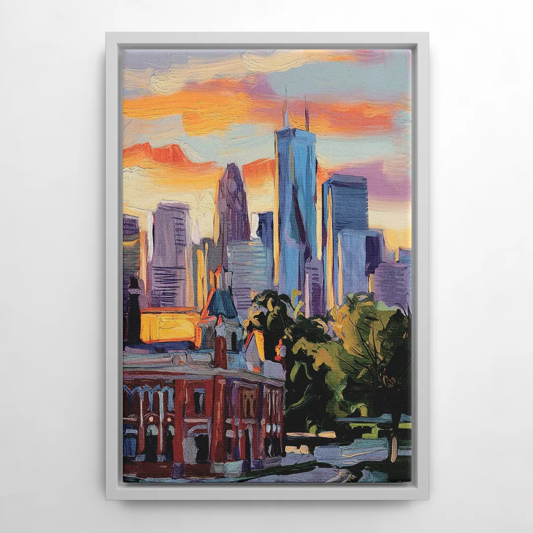 Kansas City Skyline at Sunset - White Frame Canvas