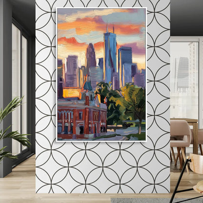 Kansas City Skyline at Sunset Sitting Room - White Canvas Wall Art
