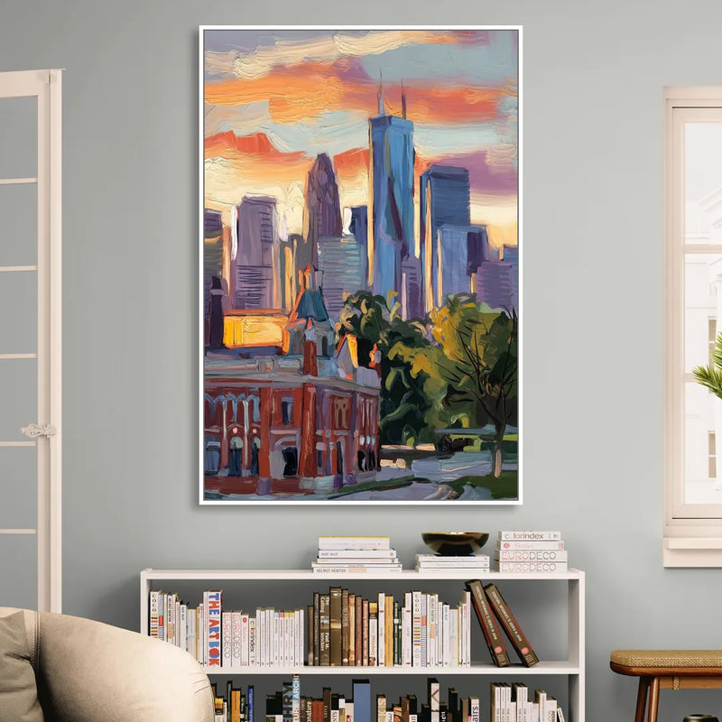 Kansas City Skyline at Sunset Living Room - White Canvas Wall Art