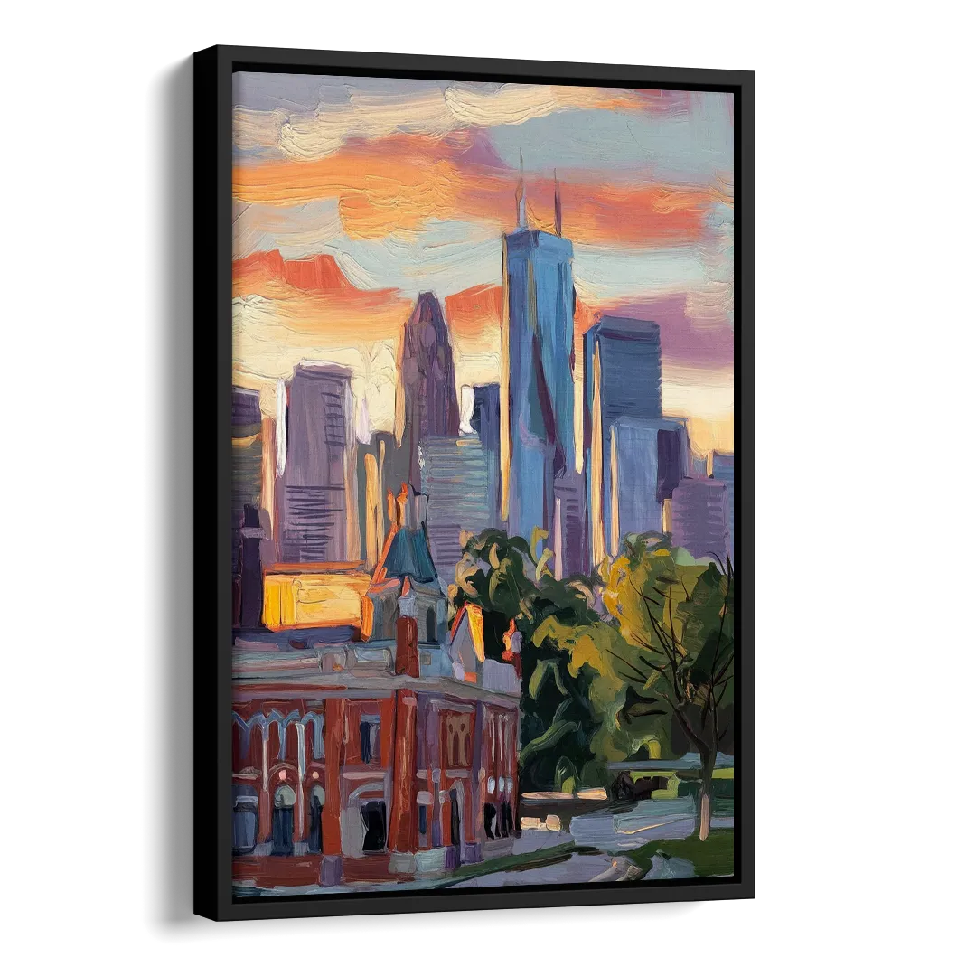 Kansas City Skyline at Sunset Side - Black Canvas Wall Art