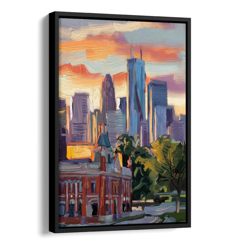 Kansas City Skyline at Sunset Side - Black Canvas Wall Art