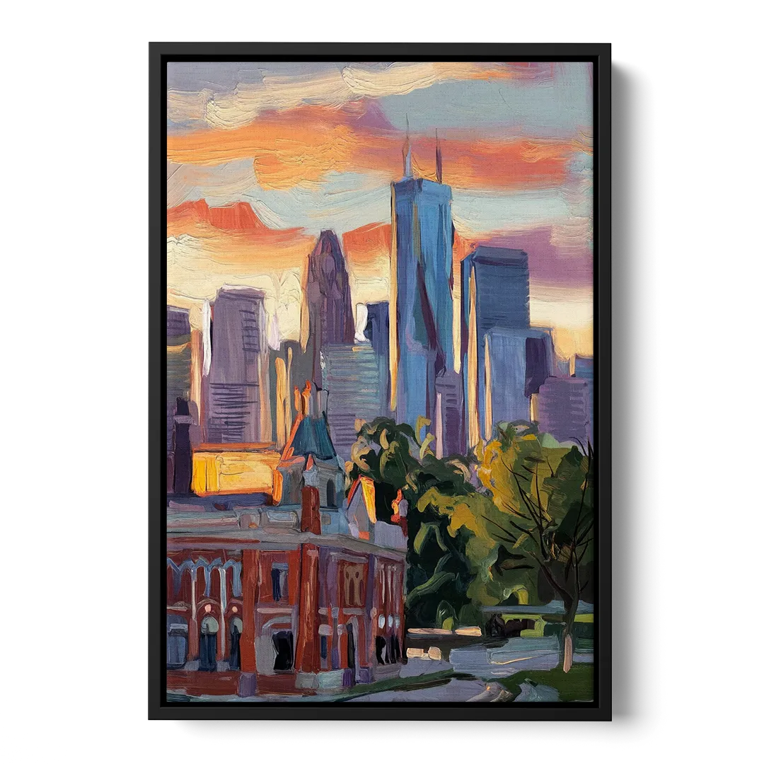 Kansas City Skyline at Sunset Front - Black Canvas Wall Art