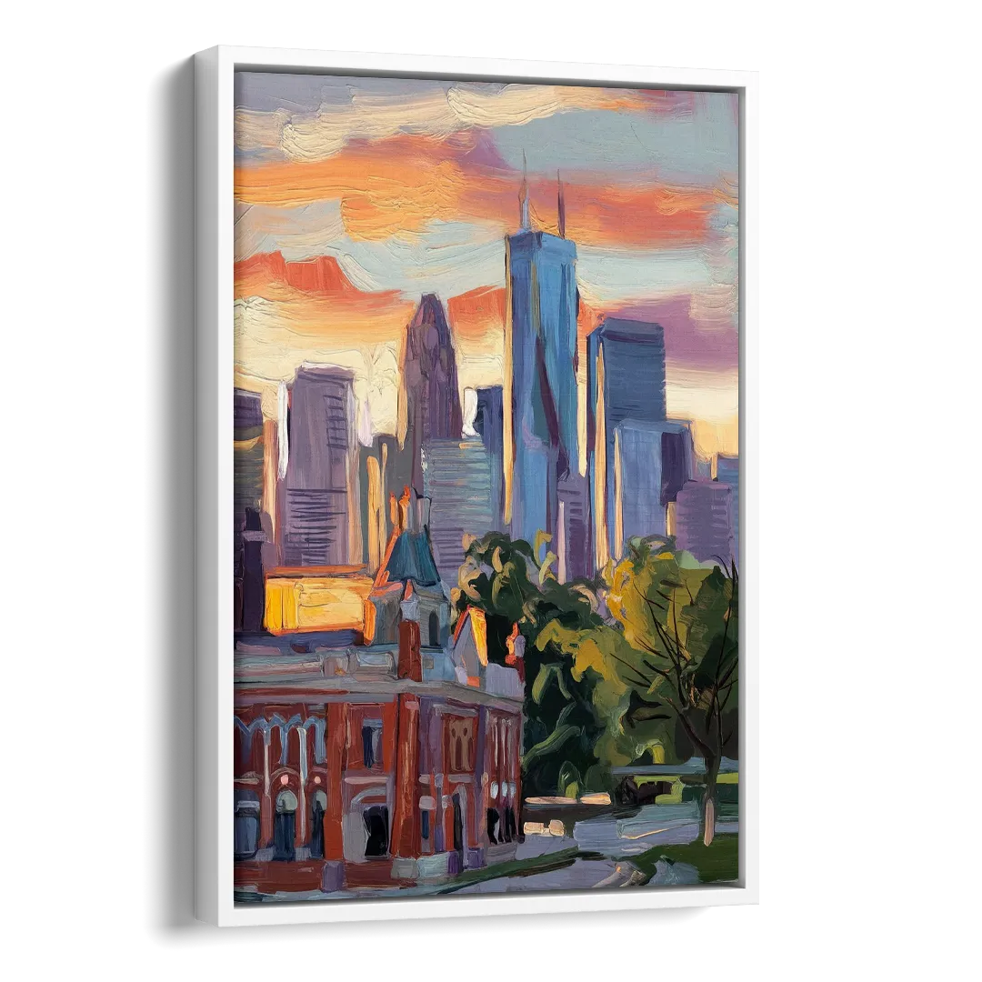 Kansas City Skyline at Sunset Side - White Canvas Wall Art