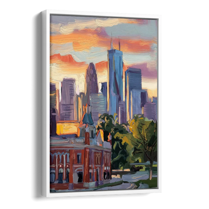 Kansas City Skyline at Sunset Side - White Canvas Wall Art