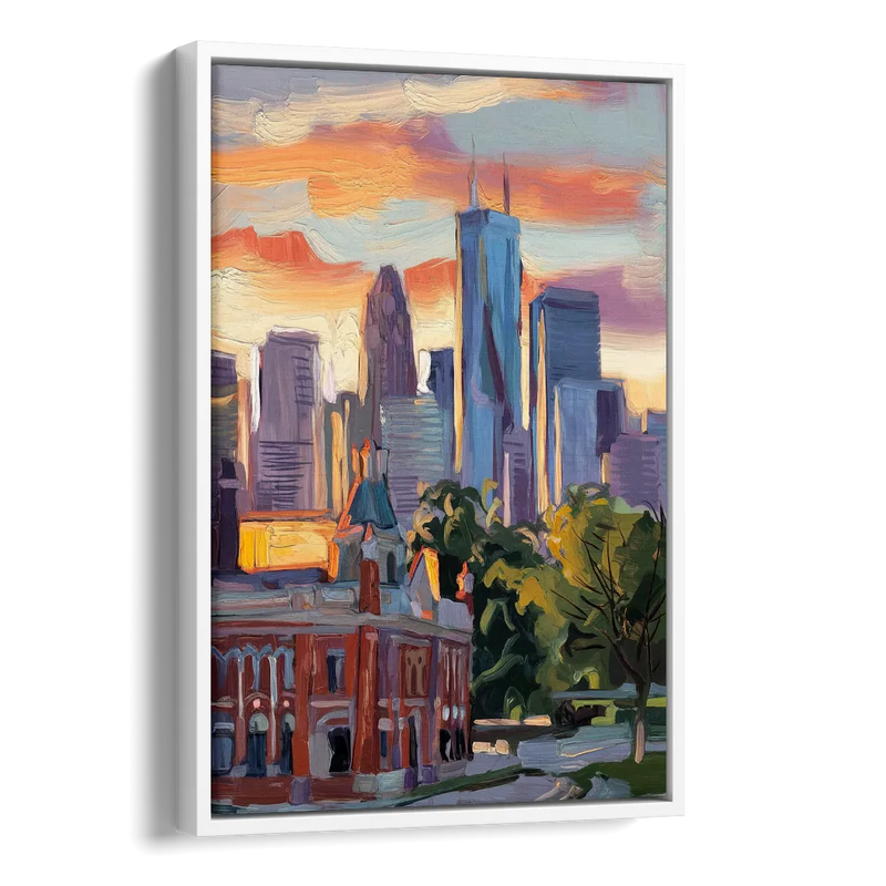 Kansas City Skyline at Sunset Side - White Canvas Wall Art
