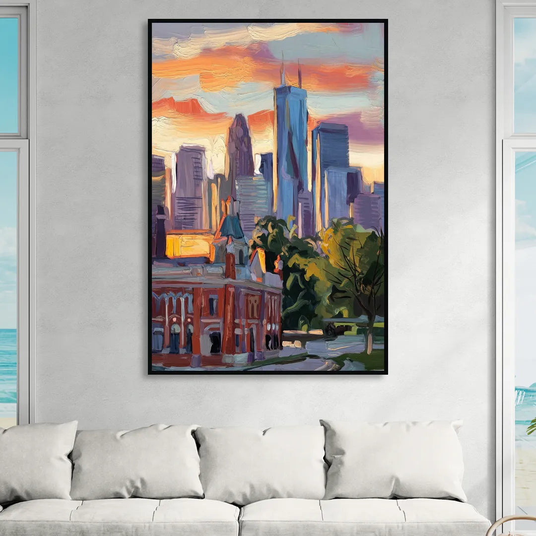 Kansas City Skyline at Sunset Sitting Room - Black Canvas Wall Art