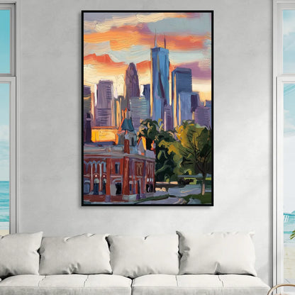 Kansas City Skyline at Sunset Sitting Room - Black Canvas Wall Art