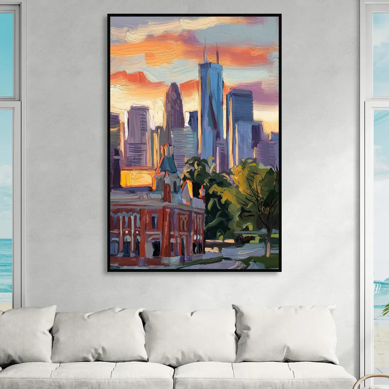 Kansas City Skyline at Sunset Sitting Room - Black Canvas Wall Art