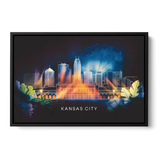 Kansas City Vibrant Downtown - Black Framed Canvas Wall Art - Front