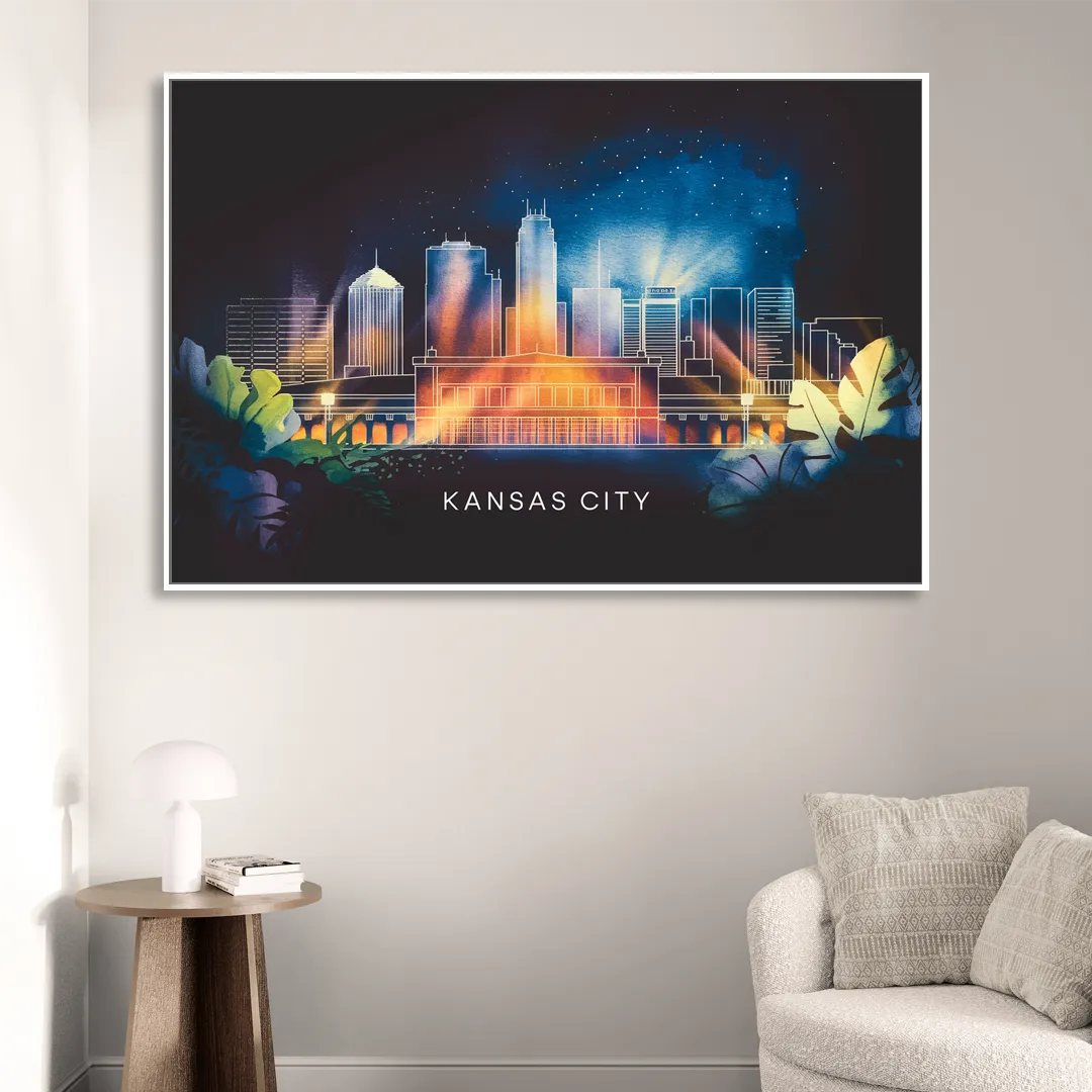 Kansas City Vibrant Downtown Sitting Room - White Canvas Wall Art