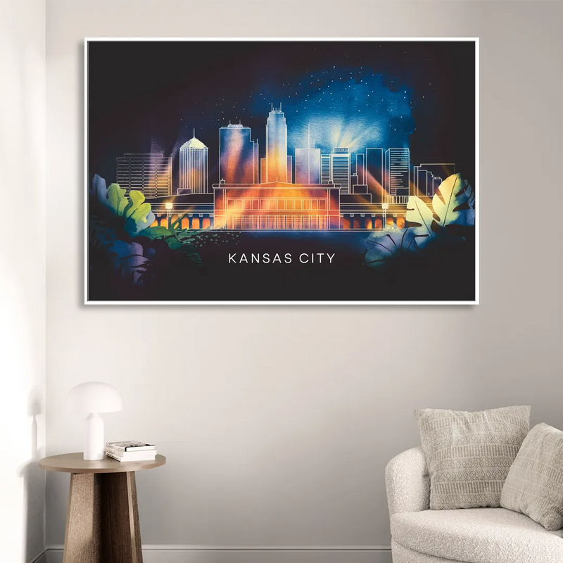 Kansas City Vibrant Downtown Sitting Room - White Canvas Wall Art