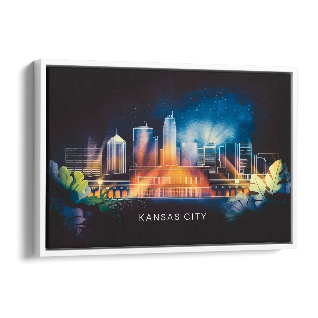 Kansas City Vibrant Downtown Side - White Canvas Wall Art