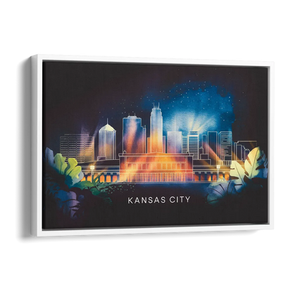 Kansas City Vibrant Downtown Side - White Canvas Wall Art