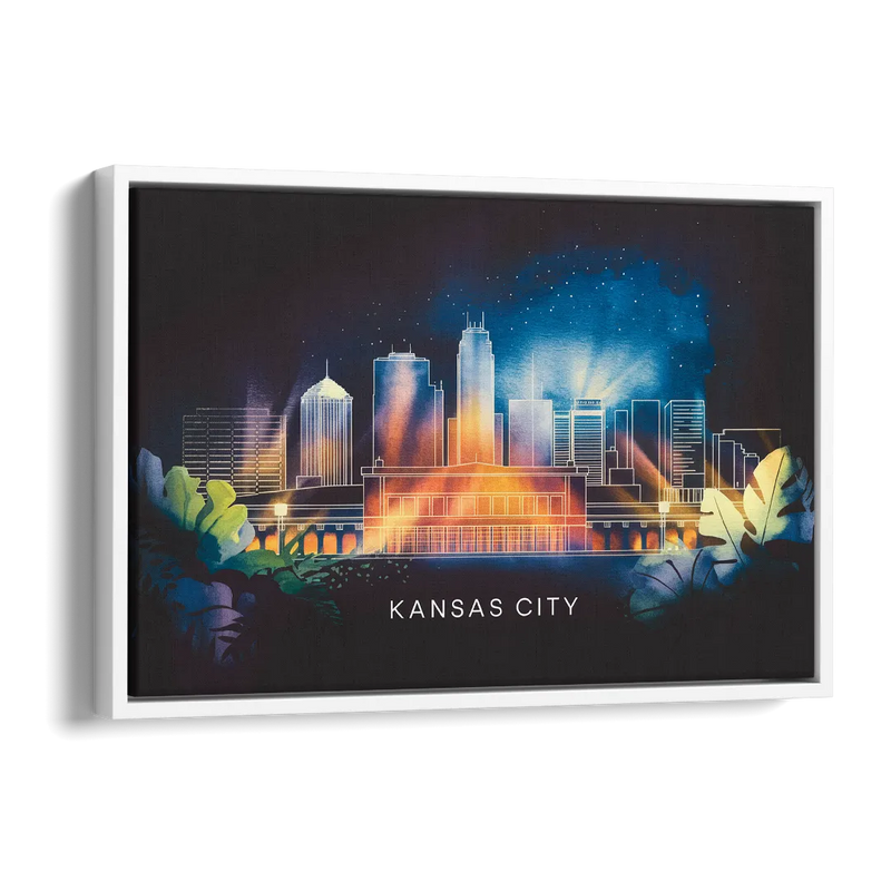 Kansas City Vibrant Downtown Side - White Canvas Wall Art