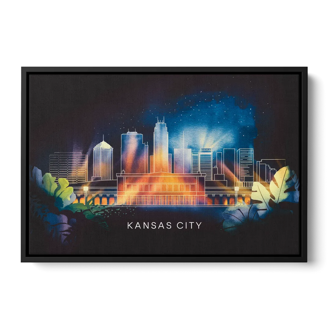 Kansas City Vibrant Downtown Front - Black Canvas Wall Art