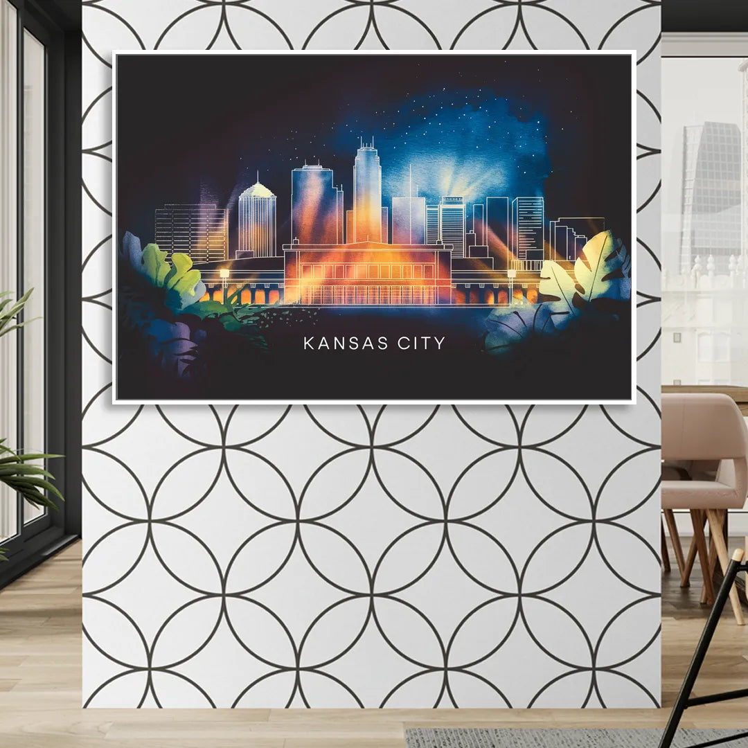 Kansas City Vibrant Downtown Living Room - White Canvas Wall Art
