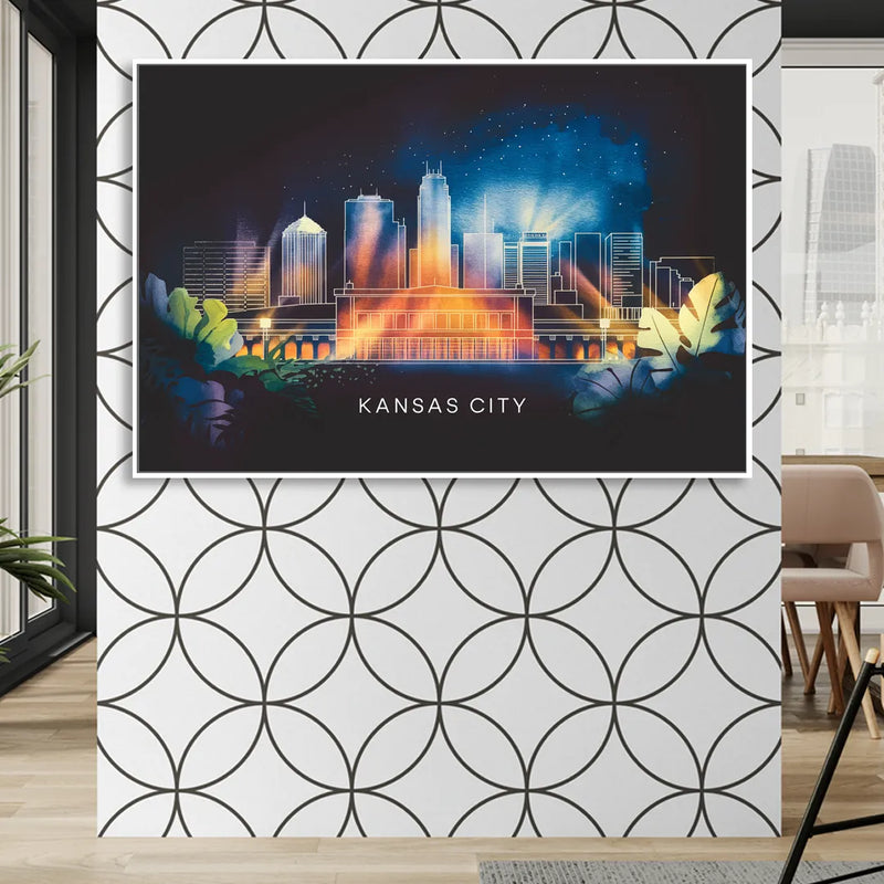 Kansas City Vibrant Downtown Living Room - White Canvas Wall Art