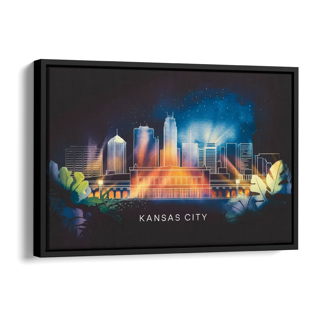 Kansas City Vibrant Downtown Side - Black Canvas Wall Art