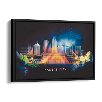 Kansas City Vibrant Downtown Side - Black Canvas Wall Art