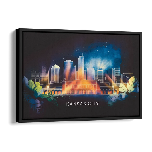 Kansas City Vibrant Downtown Side - Black Canvas Wall Art