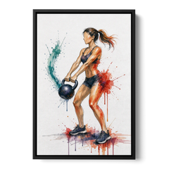 Kettlebell Swing in Splash Watercolor - Black Framed Canvas Wall Art - Front