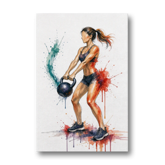 Kettlebell Swing in Splash Watercolor - Canvas Wall Art - Front