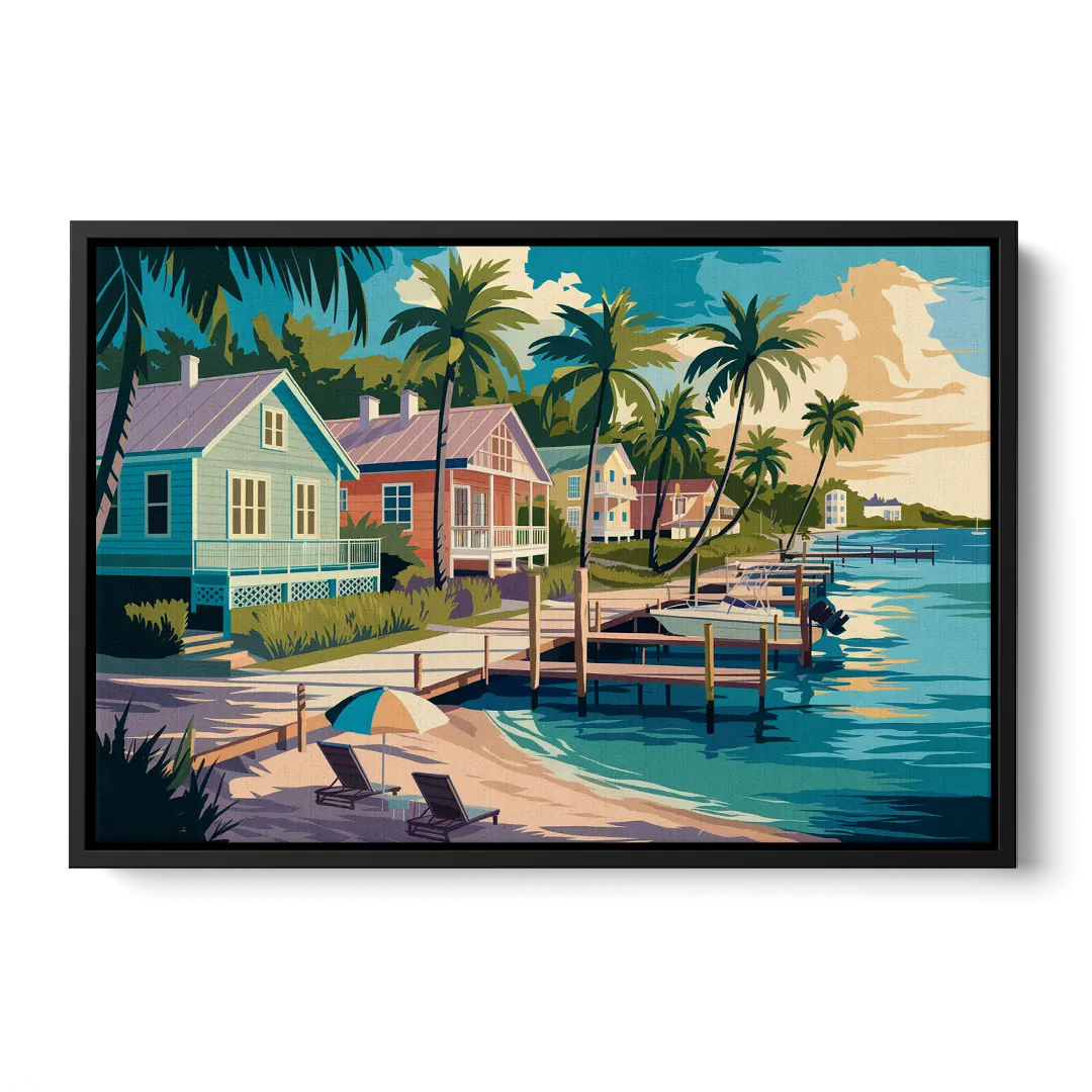 Key West Florida Coastline Front - Black Canvas Wall Art
