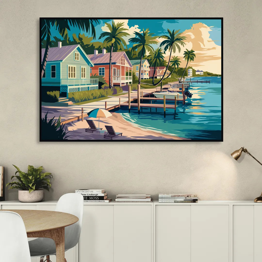 Key West Florida Coastline Living Room - Black Canvas Wall Art