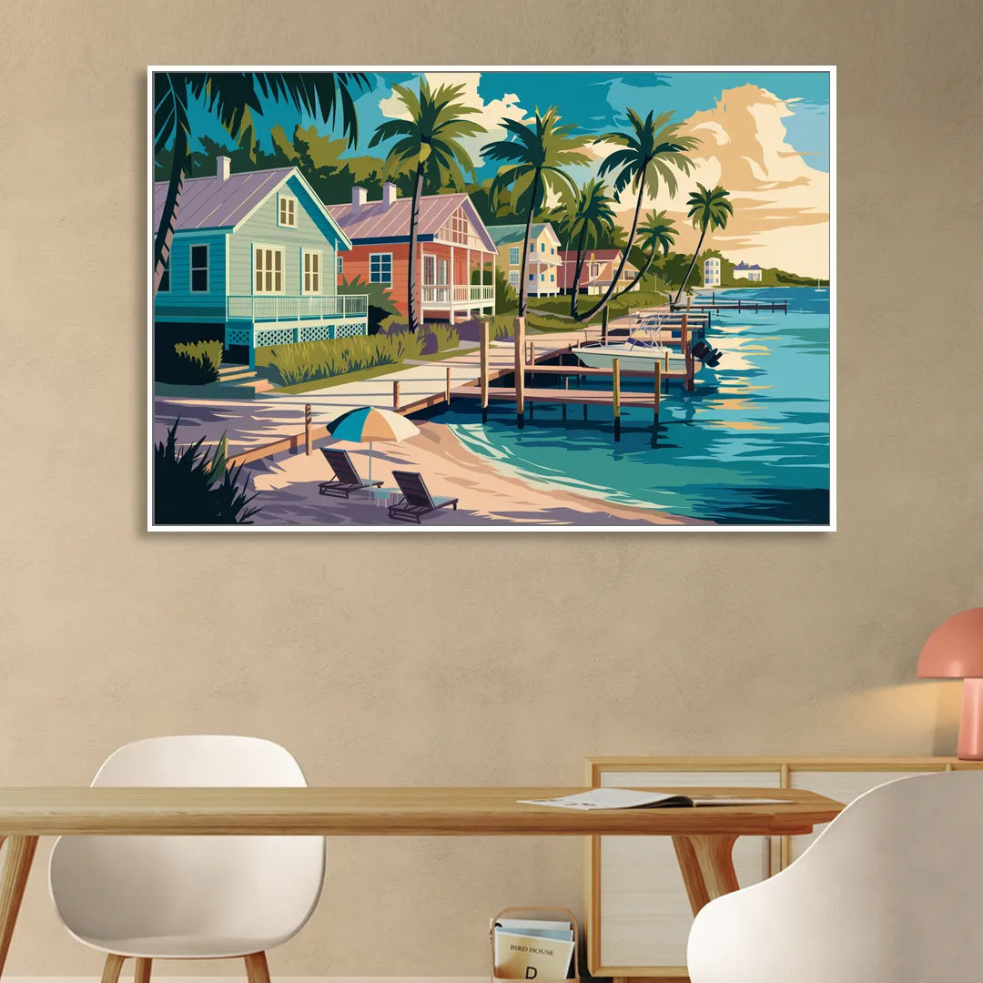 Key West Florida Coastline Sitting Room - White Canvas Wall Art