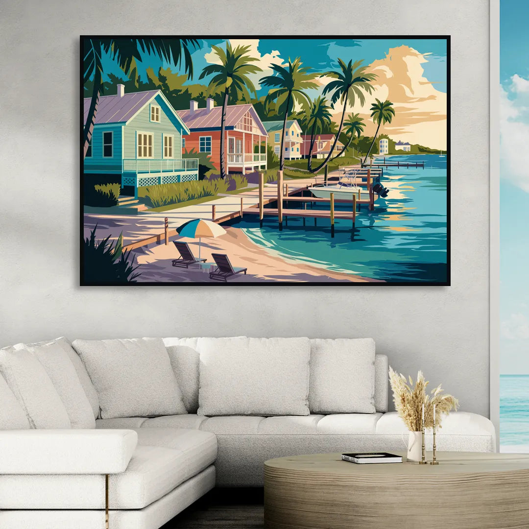 Key West Florida Coastline Sitting Room - Black Canvas Wall Art