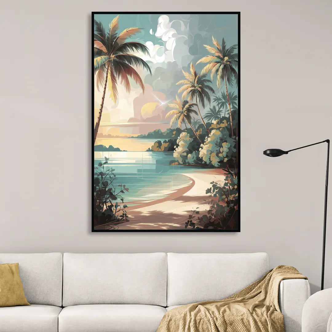 Key West Palm Tree Serenity Living Room - Black Canvas Wall Art
