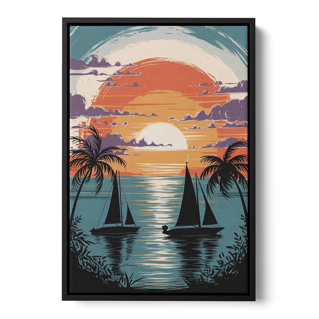 Key West Sunset Over Water Front - Black Canvas Wall Art