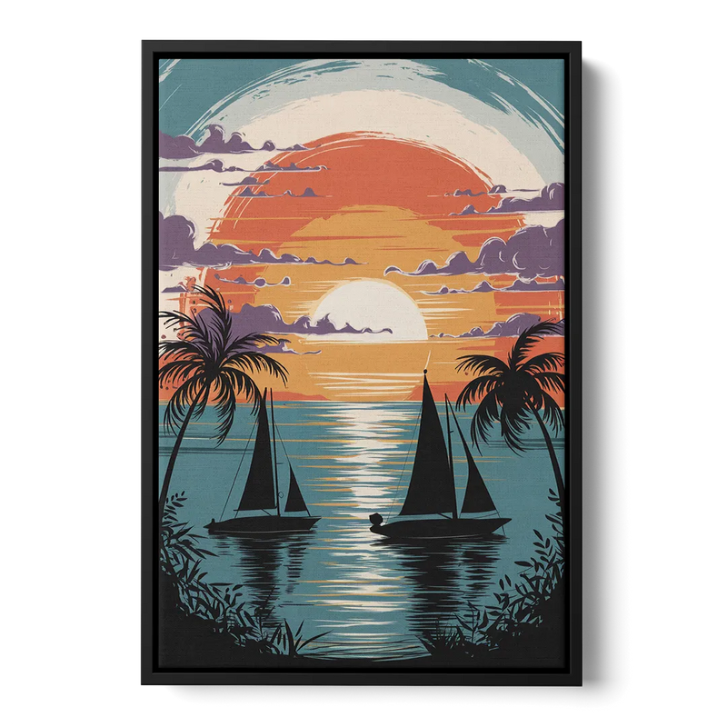 Key West Sunset Over Water Front - Black Canvas Wall Art