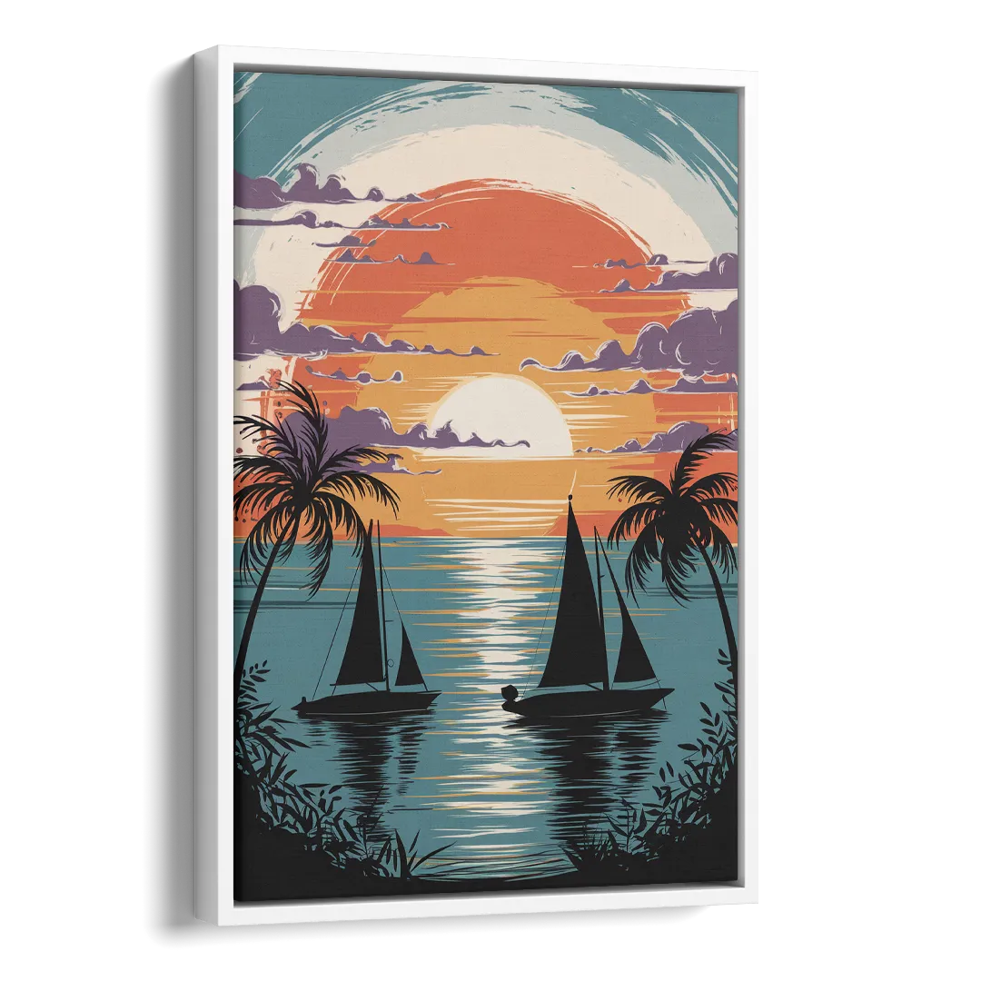 Key West Sunset Over Water Side - White Canvas Wall Art