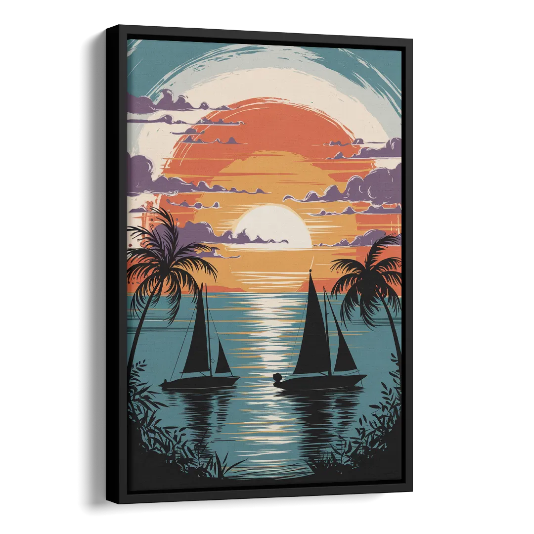 Key West Sunset Over Water Side - Black Canvas Wall Art