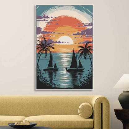 Key West Sunset Over Water Living Room - White Canvas Wall Art