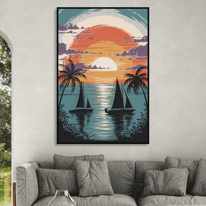 Key West Sunset Over Water Living Room - Black Canvas Wall Art