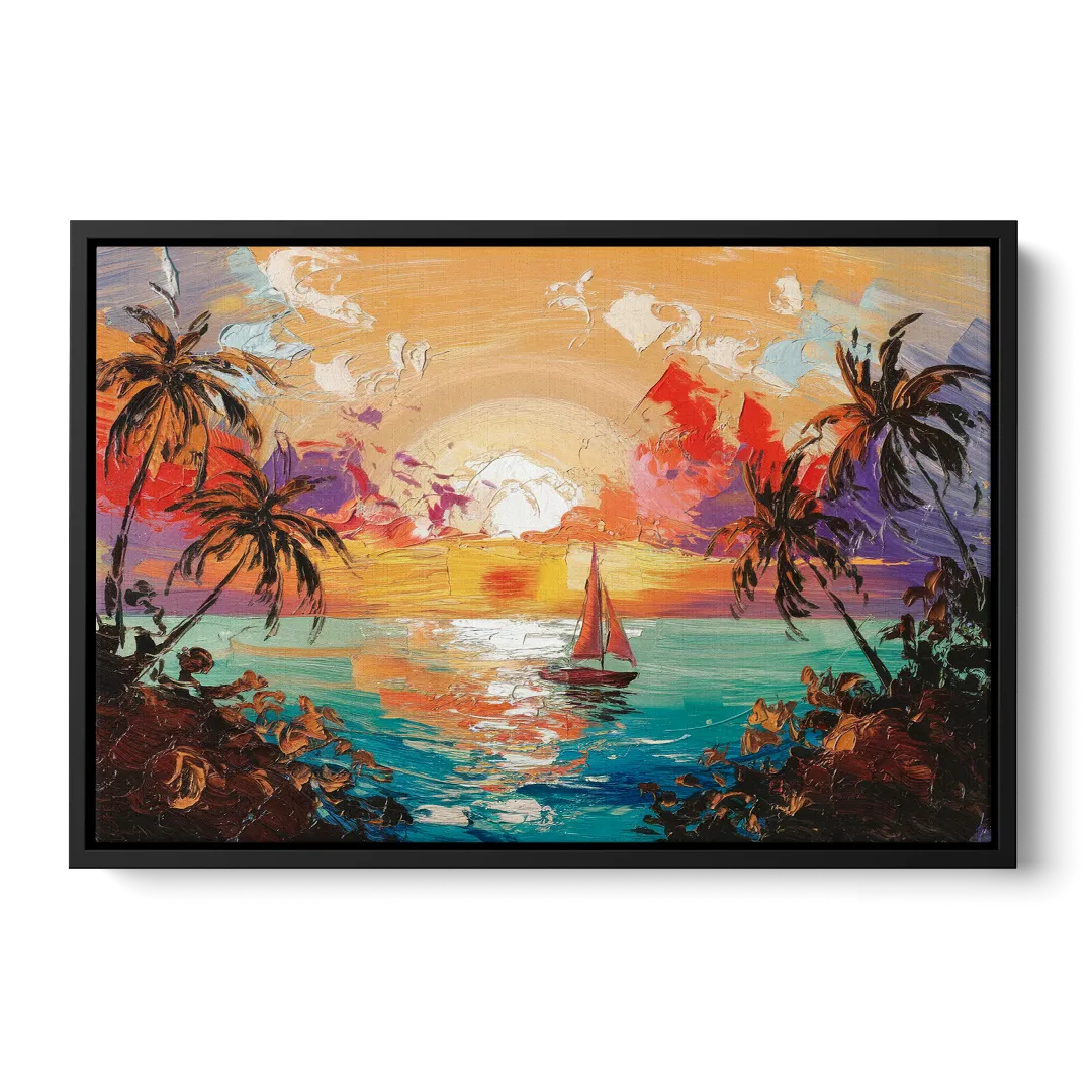 Key West Tropical Sunset Front - Black Canvas Wall Art