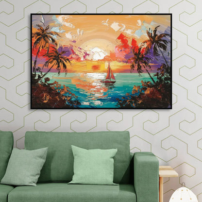 Key West Tropical Sunset Sitting Room - Black Canvas Wall Art