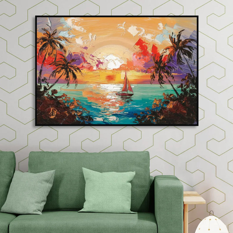 Key West Tropical Sunset Sitting Room - Black Canvas Wall Art