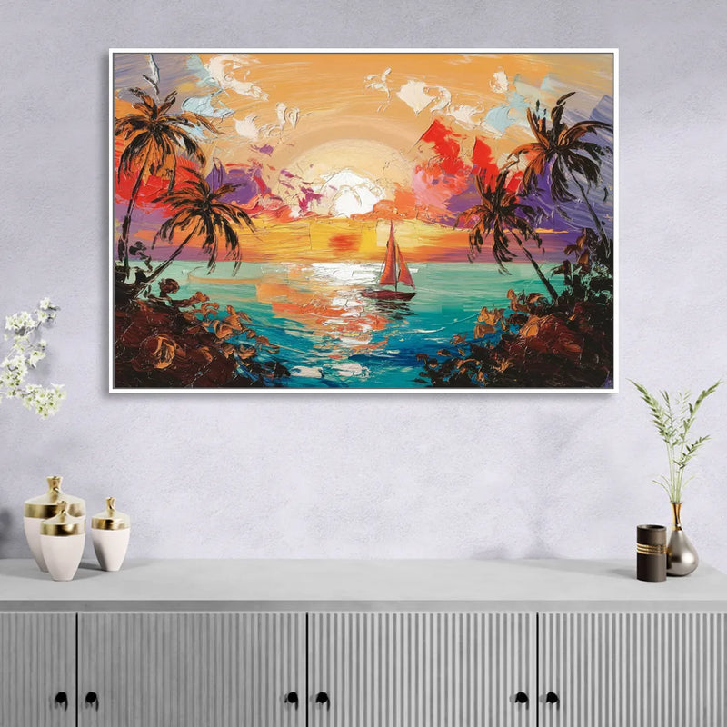 Key West Tropical Sunset Living Room - White Canvas Wall Art